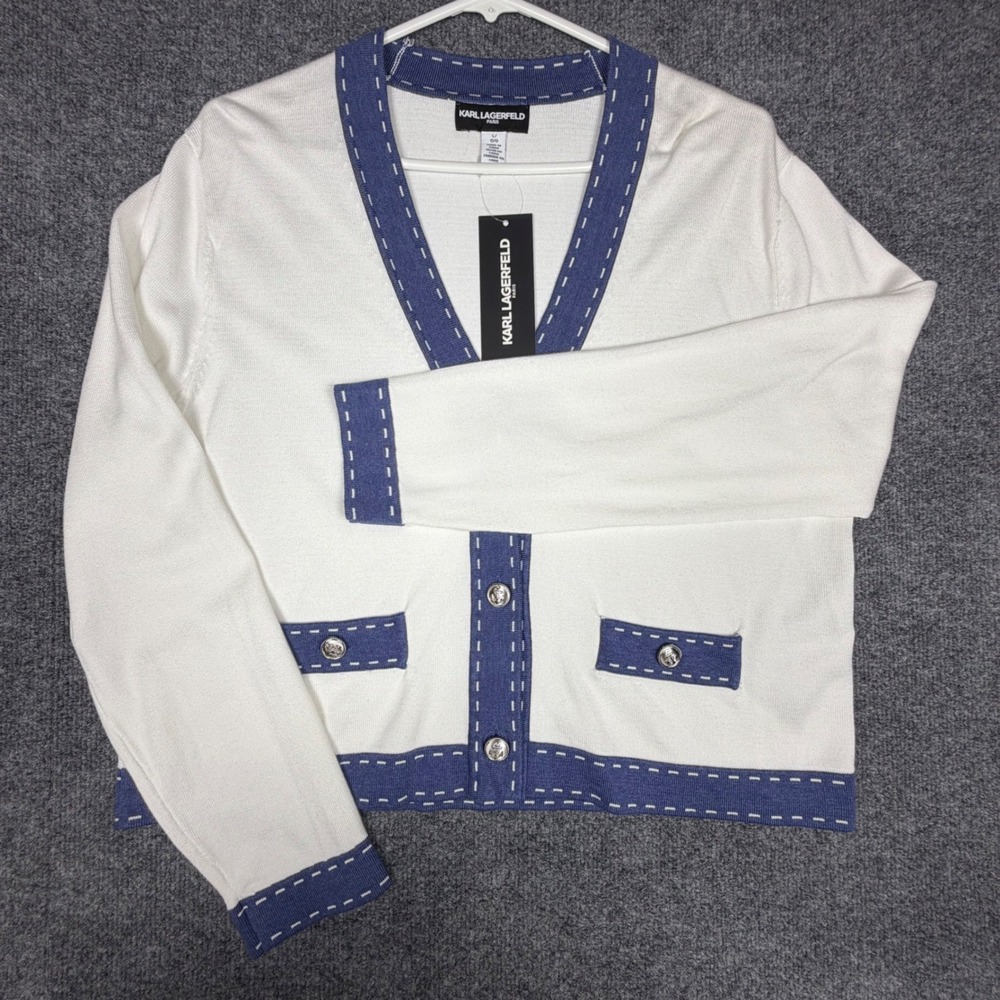 Karl Lagerfeld Paris‎ White Navy Nautical Anchor Button Cardigan Sweater L NEW